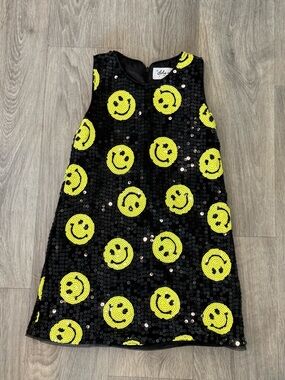 Black Sequin Smile Face Shift Dress with Yellow Smile Motifs